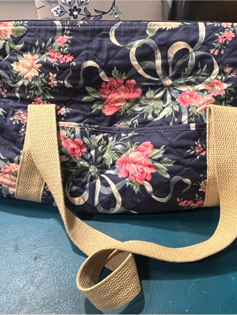 Maggi B 1970-1980’s Floral Quilted Navy Tote with Beige Straps